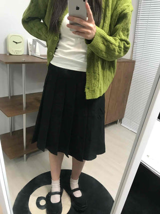Date Look Pleated Cotton Plain Midi Skirt