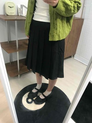 Date Look Pleated Cotton Plain Midi Skirt