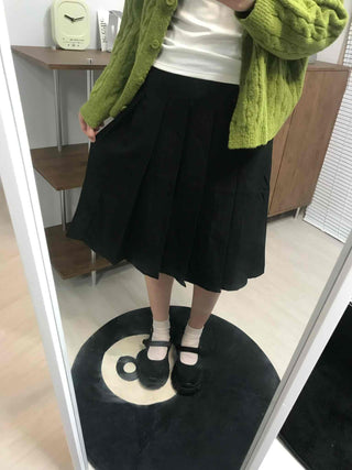 Date Look Pleated Cotton Plain Midi Skirt