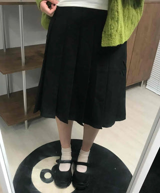 Date Look Pleated Cotton Plain Midi Skirt