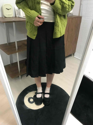 Date Look Pleated Cotton Plain Midi Skirt