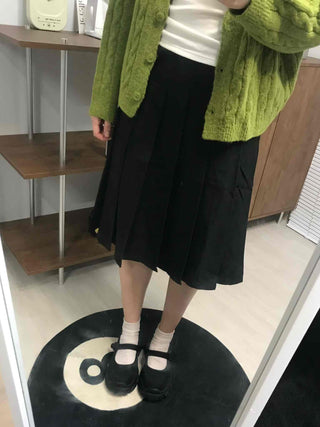 Date Look Pleated Cotton Plain Midi Skirt