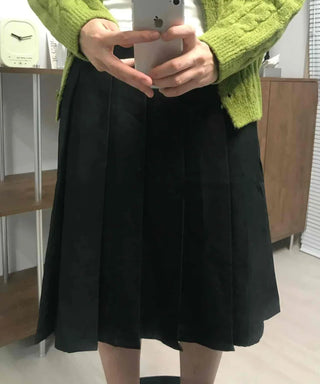 Date Look Pleated Cotton Plain Midi Skirt
