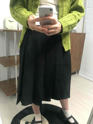 Date Look Pleated Cotton Plain Midi Skirt