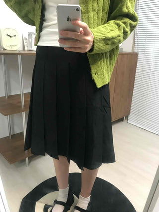 Date Look Pleated Cotton Plain Midi Skirt