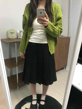 Date Look Pleated Cotton Plain Midi Skirt