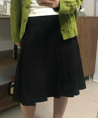 Date Look Pleated Cotton Plain Midi Skirt
