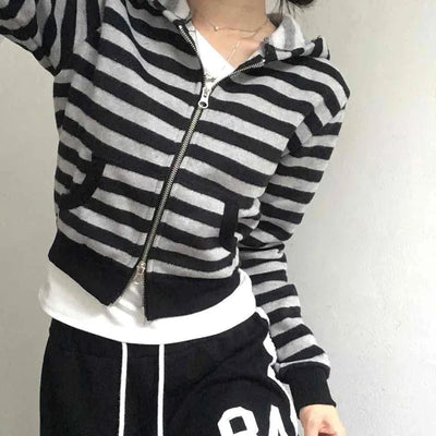 Simple Striped Plain Zip-Up Knit