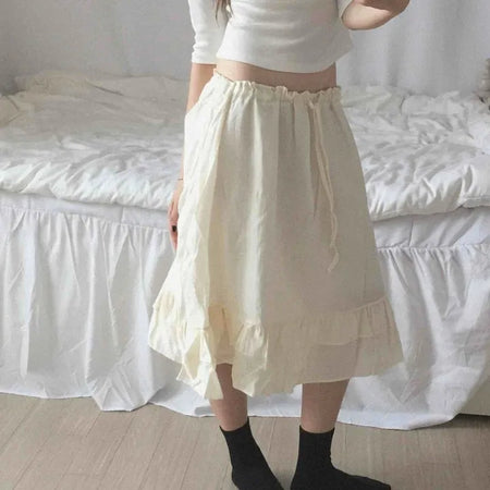 Antique Frill Flare Elastic Waist Midi Skirt
