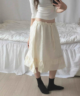 Antique Frill Flare Elastic Waist Midi Skirt