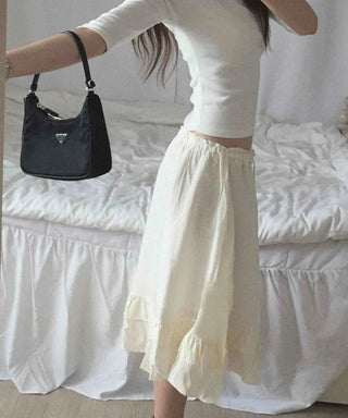 Antique Frill Flare Elastic Waist Midi Skirt