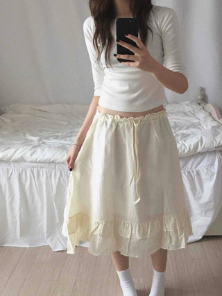 Antique Frill Flare Elastic Waist Midi Skirt