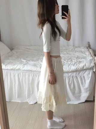 Antique Frill Flare Elastic Waist Midi Skirt