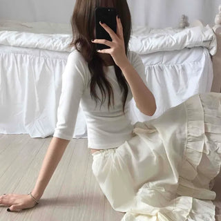 Antique Frill Flare Elastic Waist Midi Skirt