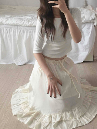 Antique Frill Flare Elastic Waist Midi Skirt