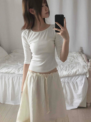 Antique Frill Flare Elastic Waist Midi Skirt