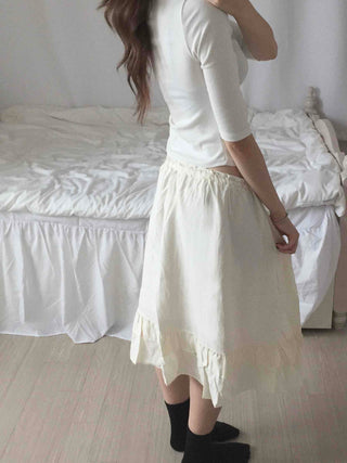 Antique Frill Flare Elastic Waist Midi Skirt