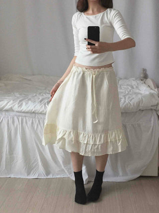 Antique Frill Flare Elastic Waist Midi Skirt