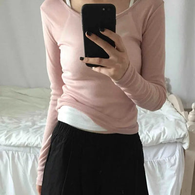 See-through Round Neck Basic Long Sleeve T-shirt
