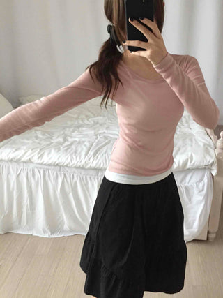 See-through Round Neck Basic Long Sleeve T-shirt
