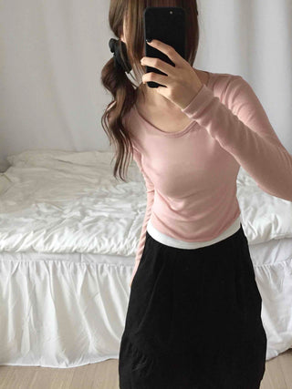 See-through Round Neck Basic Long Sleeve T-shirt