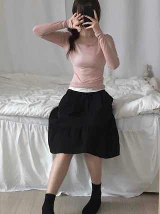 See-through Round Neck Basic Long Sleeve T-shirt