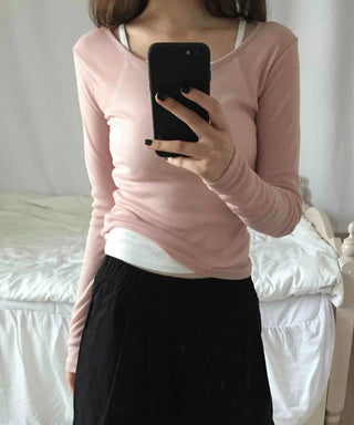 See-through Round Neck Basic Long Sleeve T-shirt