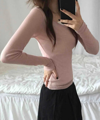 See-through Round Neck Basic Long Sleeve T-shirt
