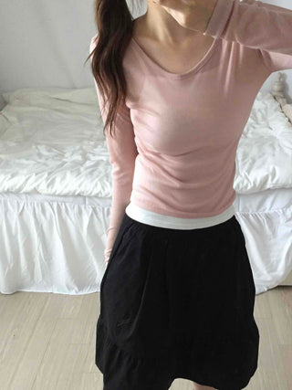 See-through Round Neck Basic Long Sleeve T-shirt