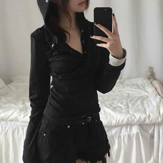 Comfortable Snap Hooded Long Sleeve T-shirt