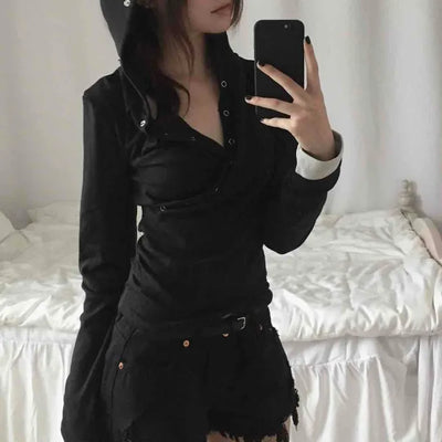 Comfortable Snap Hooded Long Sleeve T-shirt