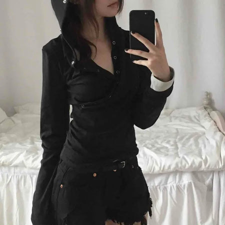 Comfortable Snap Hooded Long Sleeve T-shirt