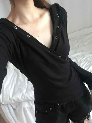 Comfortable Snap Hooded Long Sleeve T-shirt