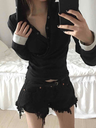 Comfortable Snap Hooded Long Sleeve T-shirt