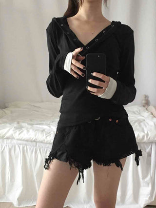 Comfortable Snap Hooded Long Sleeve T-shirt