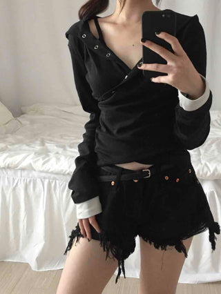 Comfortable Snap Hooded Long Sleeve T-shirt