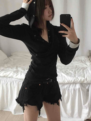 Comfortable Snap Hooded Long Sleeve T-shirt