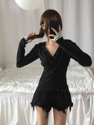 Comfortable Snap Hooded Long Sleeve T-shirt