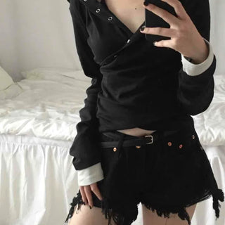 Comfortable Snap Hooded Long Sleeve T-shirt