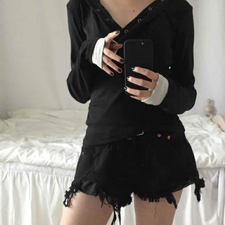 Comfortable Snap Hooded Long Sleeve T-shirt