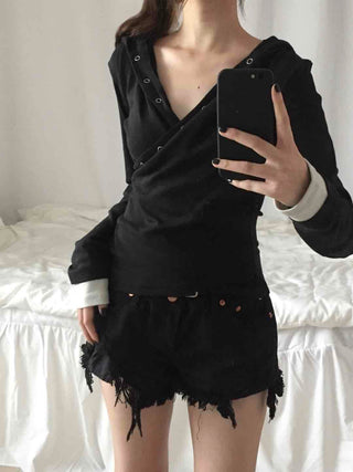 Comfortable Snap Hooded Long Sleeve T-shirt