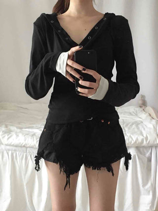 Comfortable Snap Hooded Long Sleeve T-shirt