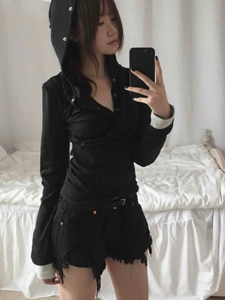 Comfortable Snap Hooded Long Sleeve T-shirt