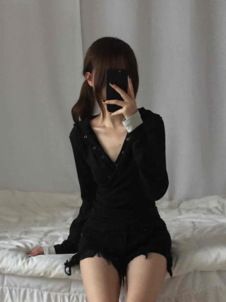 Comfortable Snap Hooded Long Sleeve T-shirt