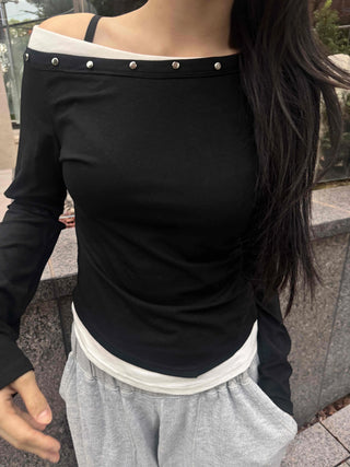 Simple Studded Off-Shoulder Long-Sleeve T-Shirt