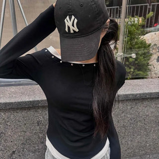 Simple Studded Off-Shoulder Long-Sleeve T-Shirt