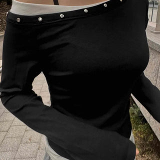 Simple Studded Off-Shoulder Long-Sleeve T-Shirt