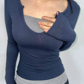 New Basic Deep U-Neck Layered Long Sleeve T-Shirt