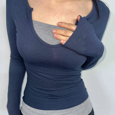 New Basic Deep U-Neck Layered Long Sleeve T-Shirt