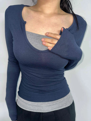 New Basic Deep U-Neck Layered Long Sleeve T-Shirt